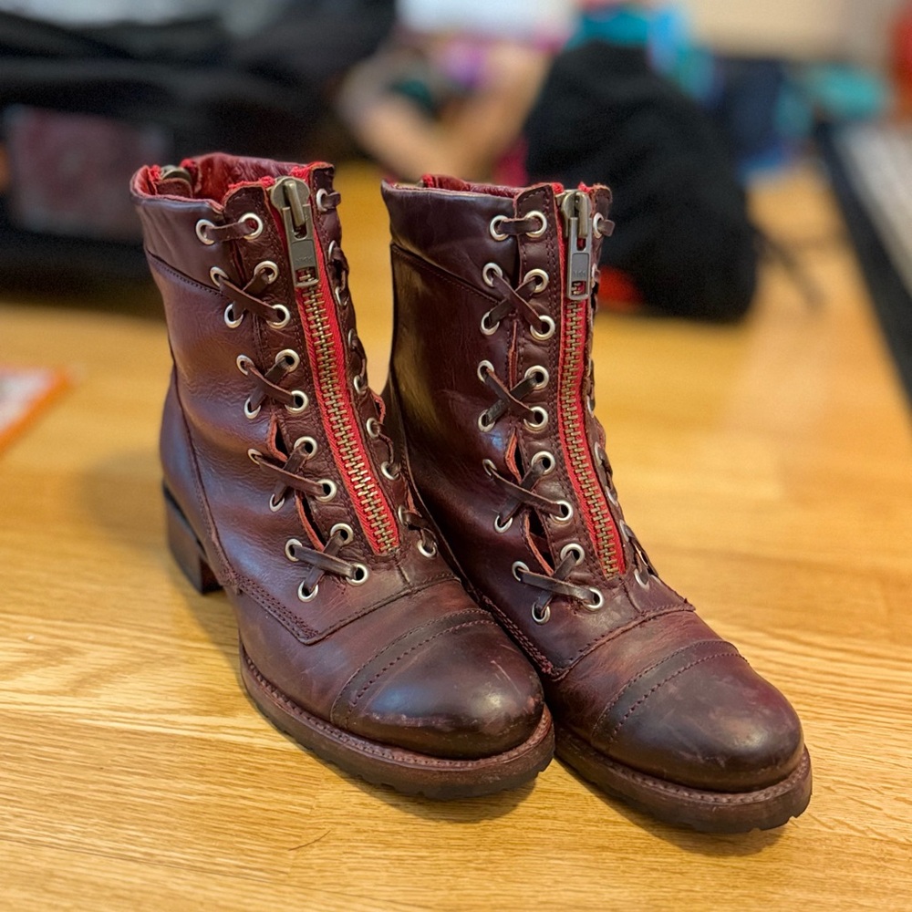 Freebird Liverpool Ankle Boot Dark Red With Lace Design Boots with Red Zipper